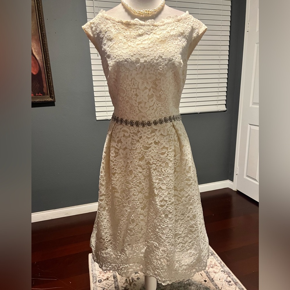 Teri Jon Ivory Lace Midi Dress With Sequinned Belt. Size 14